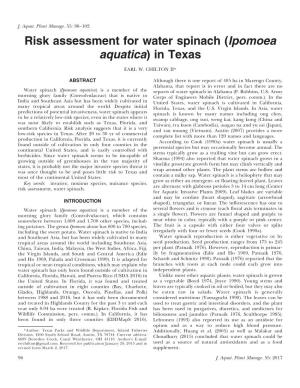 Risk Assessment for Water Spinach (Ipomoea Aquatica) in Texas