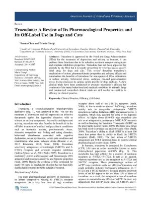 Trazodone: a Review of Its Pharmacological Properties and Its Off-Label Use in Dogs and Cats