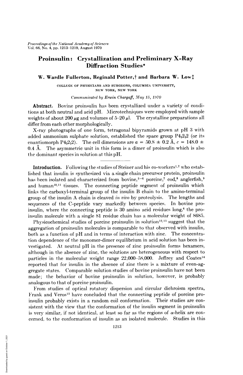 Proinsulin: Crystallization and Preliminary X-Ray Diffraction Studies* W