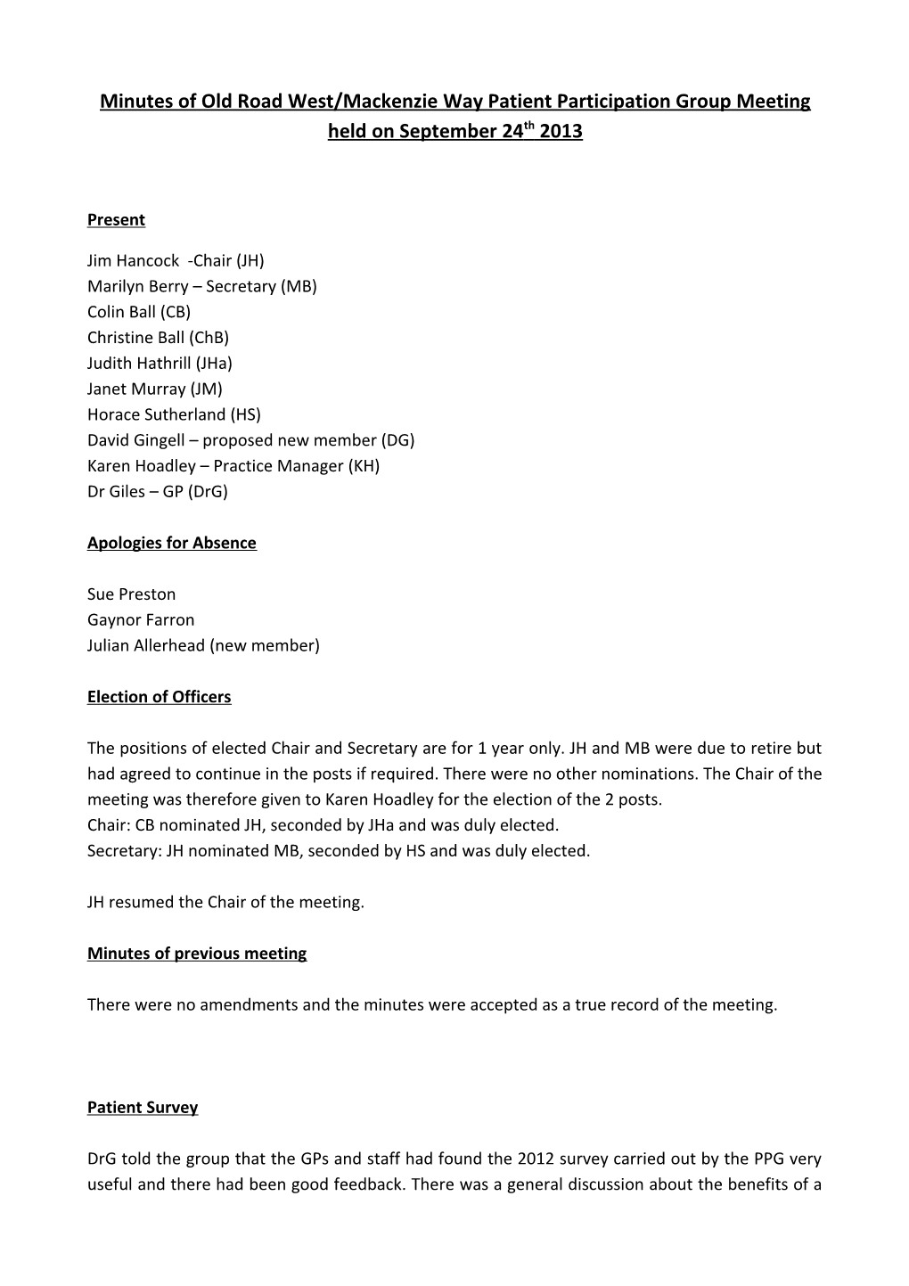 Minutes of Old Road West/Mckenzie Way Patient Participation Group Held on September 24Th 2013