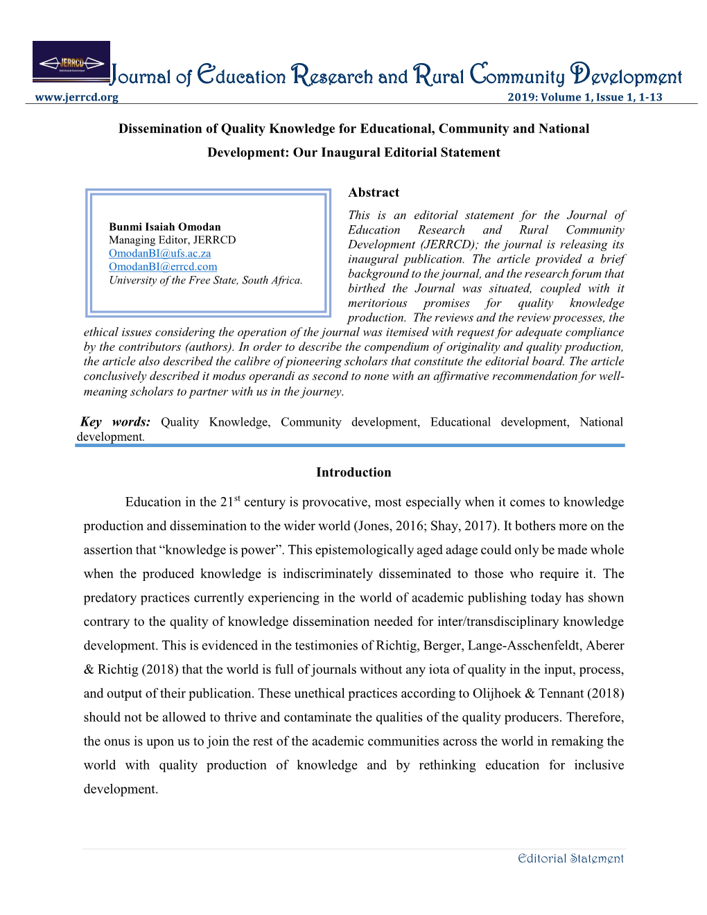 Journal of Education Research and Rural Community Development 2019: Volume 1, Issue 1, 1-13