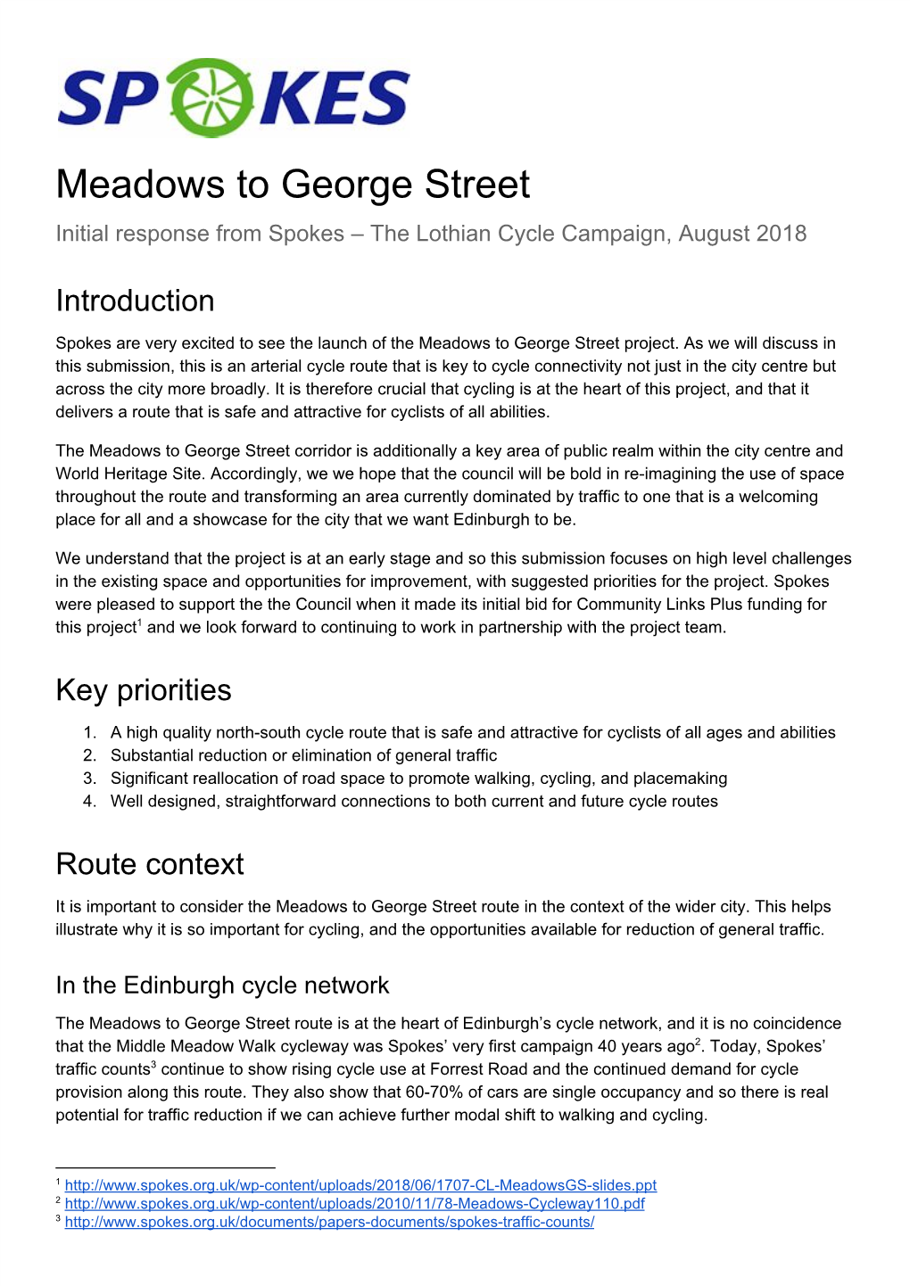 Meadows to George Street Initial Response from Spokes – the Lothian Cycle Campaign, August 2018