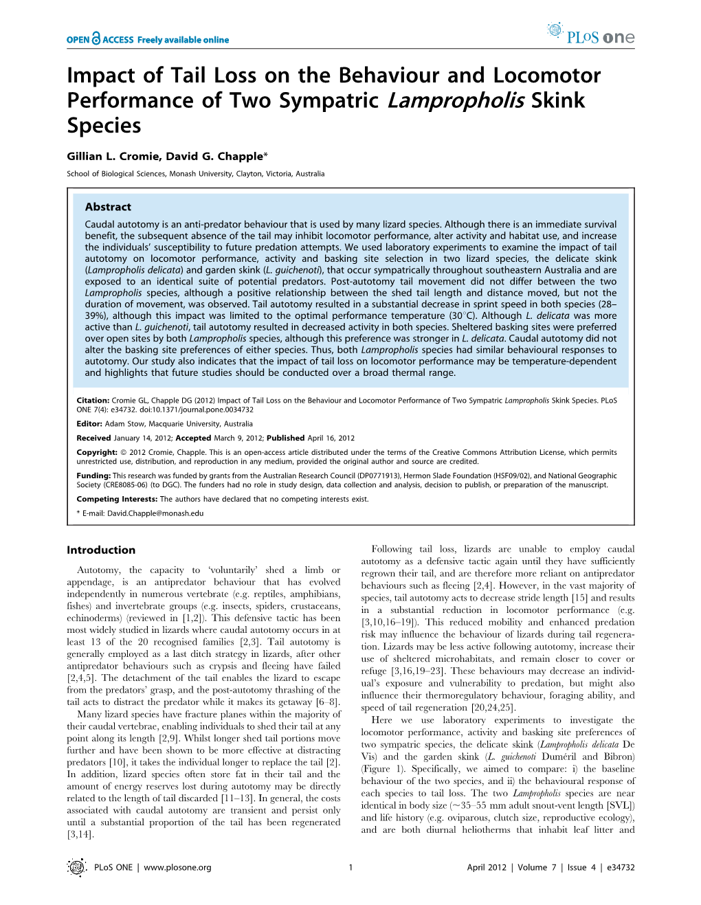 Impact of Tail Loss on the Behaviour and Locomotor Performance of Two Sympatric Lampropholis Skink Species