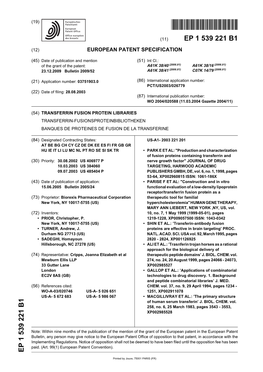 Transferrin Fusion Protein Libraries Transferrin-Fusionsproteinbibliotheken Banques De Proteines De Fusion De La Transferine