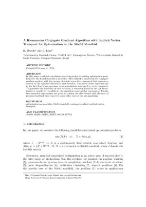 A Riemannian Conjugate Gradient Algorithm with Implicit Vector Transport for Optimization on the Stiefel Manifold