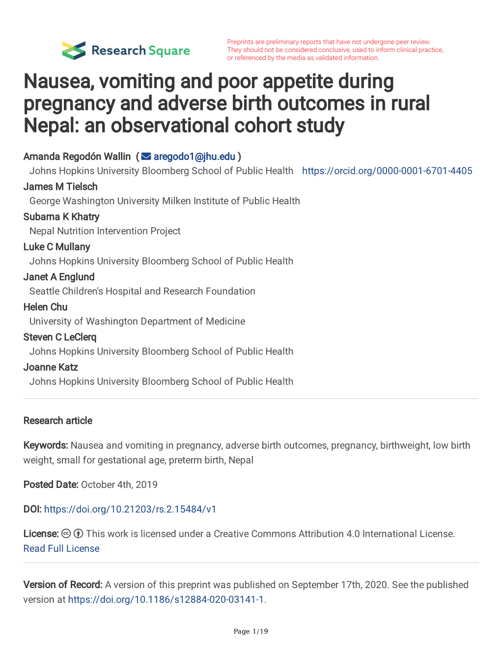 Nausea, Vomiting and Poor Appetite During Pregnancy and Adverse Birth Outcomes in Rural Nepal: an Observational Cohort Study