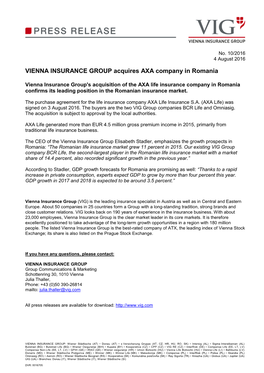 VIENNA INSURANCE GROUP Acquires AXA Company in Romania