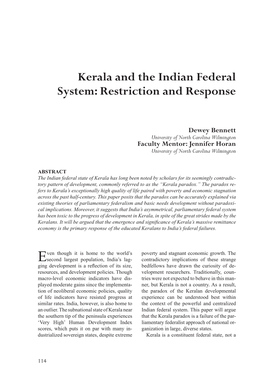 Kerala and the Indian Federal System: Restriction and Response