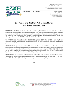 One Florida and One New York Lottery Players Win $1,000 a Week for Life
