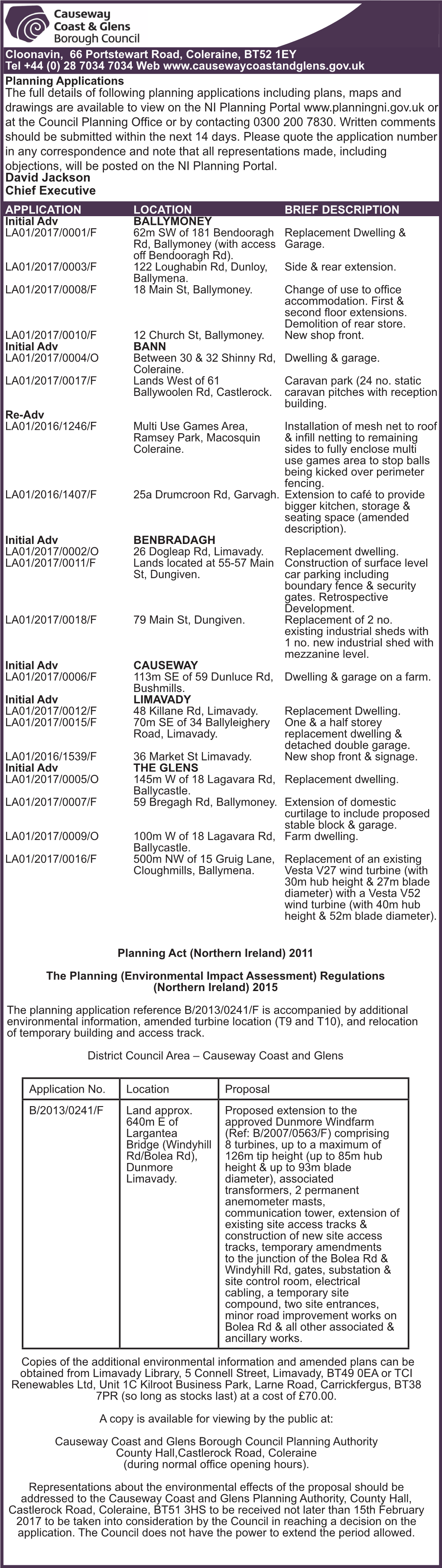 The Full Details of Following Planning Applications Including Plans, Maps and Drawings Are Available to View on the NI Planning