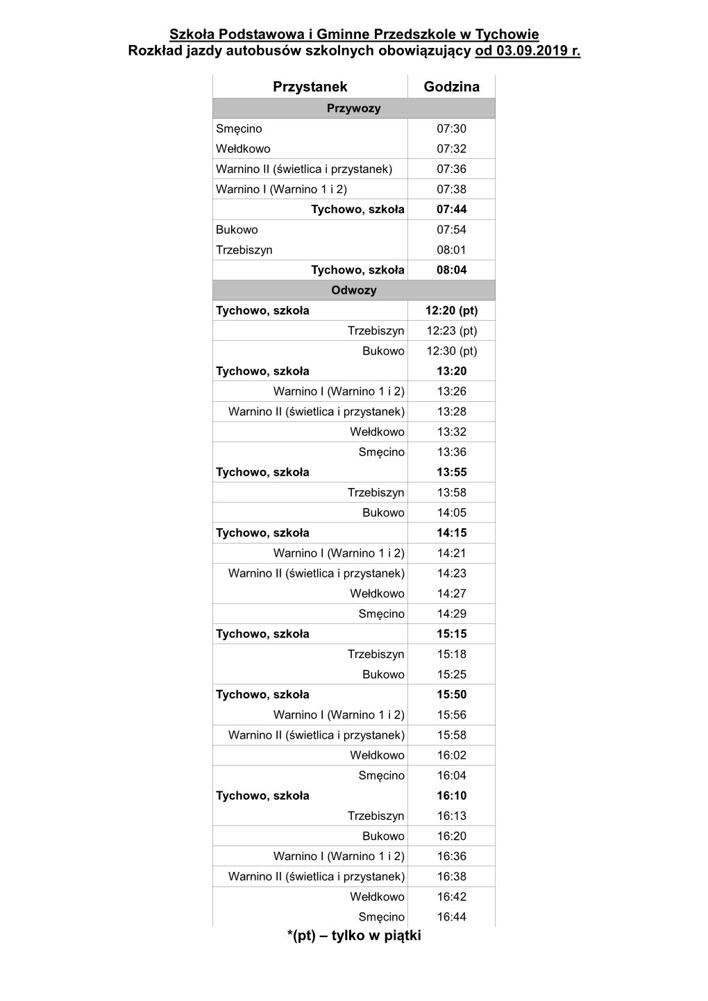 Szkoła Podstawowa I Gminne Przedszkole W Tychowie Rozkład Jazdy Autobusów Szkolnych Obowiązujący Od 03.09.2019 R