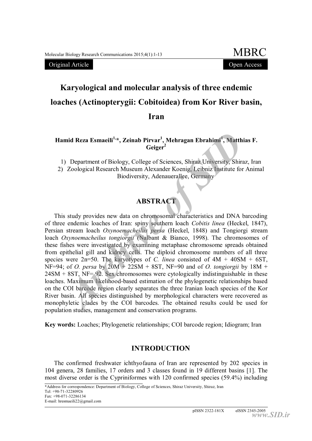 Karyological and Molecular Analysis of Three Endemic Loaches (Actinopterygii: Cobitoidea) from Kor River Basin, Iran