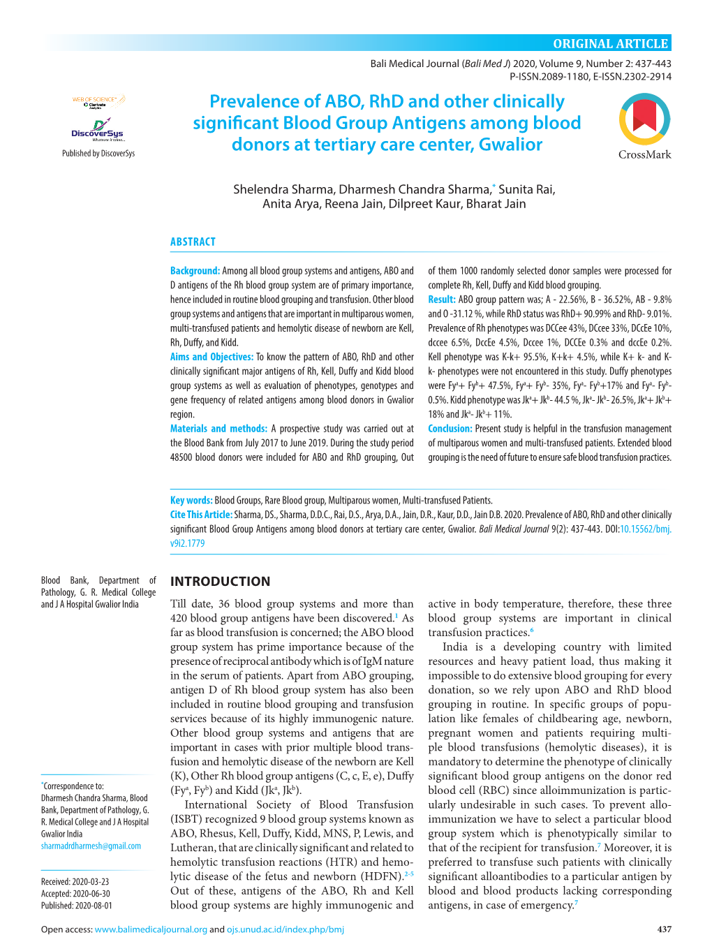 Prevalence of ABO, Rhd and Other Clinically Significant Blood Group Antigens Among Blood Donors at Tertiary Care Center, Gwalior