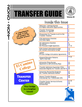 TRANSFER GUIDE Volume 20 Inside This Issue •Welcome / Getting Started 1 •CA Higher Education Opportunities 2 •Transfer Terminology 3 •Semester Vs