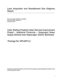 India: Madhya Pradesh Urban Services Improvement Project - Additional Financing – Subproject Water Supply Scheme Town Nepanagar, District: Burhanpur