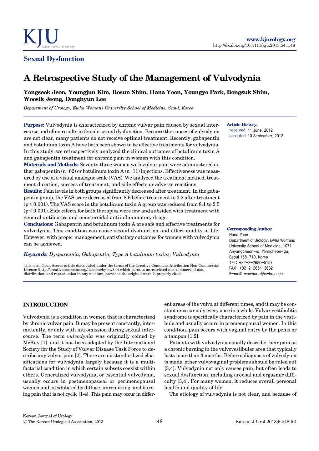 A Retrospective Study of the Management of Vulvodynia