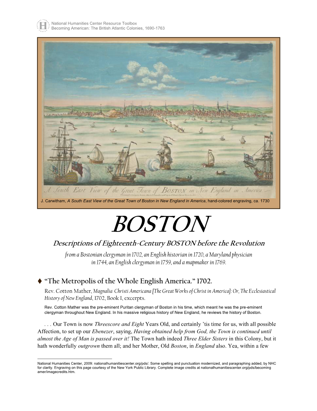 Boston in New England in America, Hand-Colored Engraving, Ca