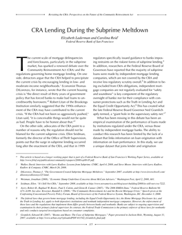 CRA Lending During the Subprime Meltdown Elizabeth Laderman and Carolina Reid* Federal Reserve Bank of San Francisco