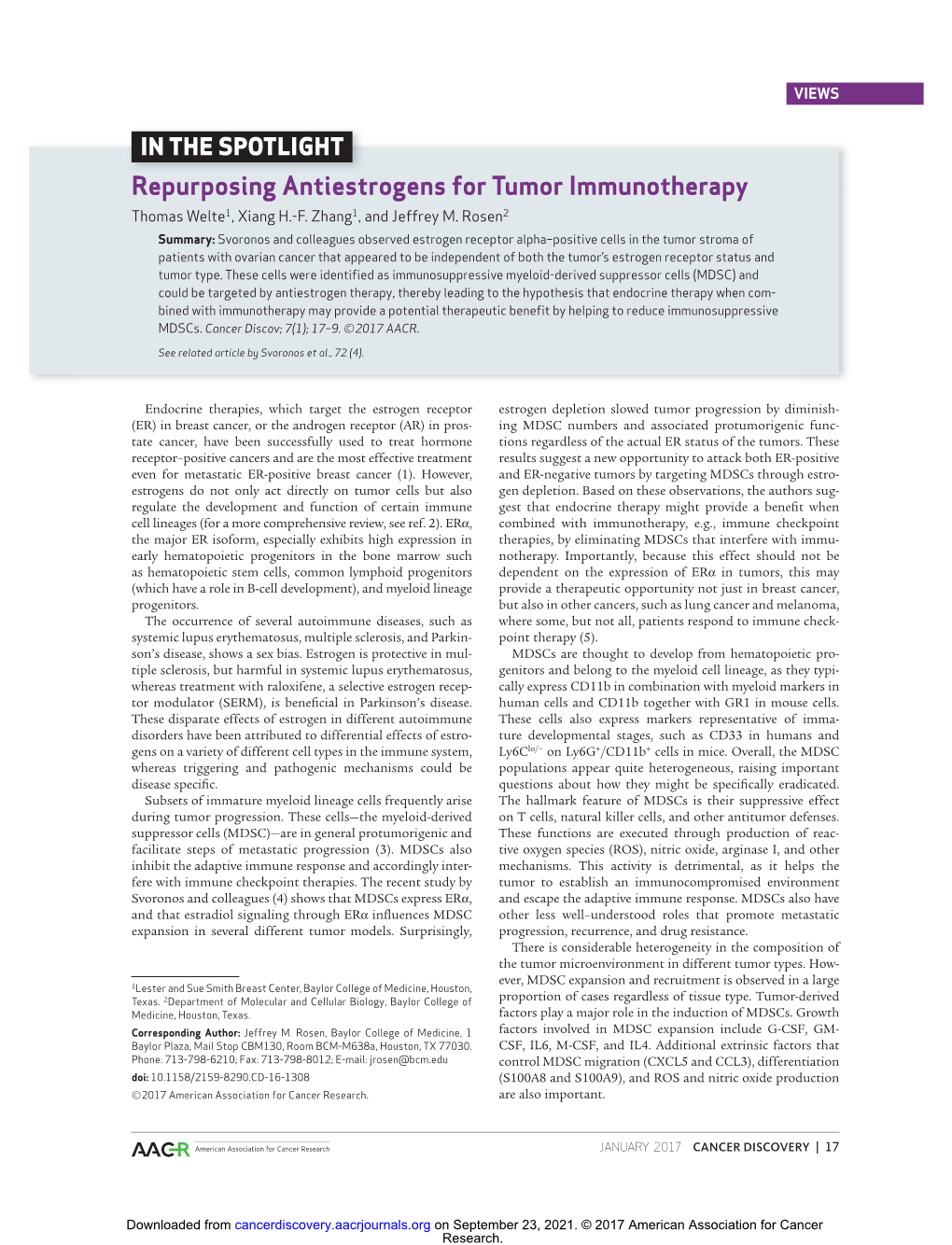 Repurposing Antiestrogens for Tumor Immunotherapy Thomas Welte 1 , Xiang H.-F