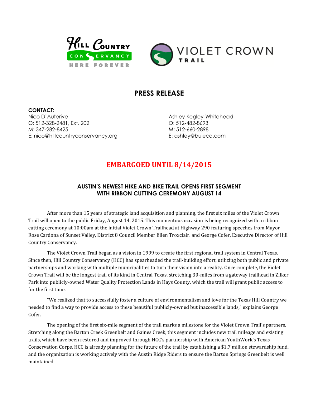 Press Release Embargoed Until 8/14/2015