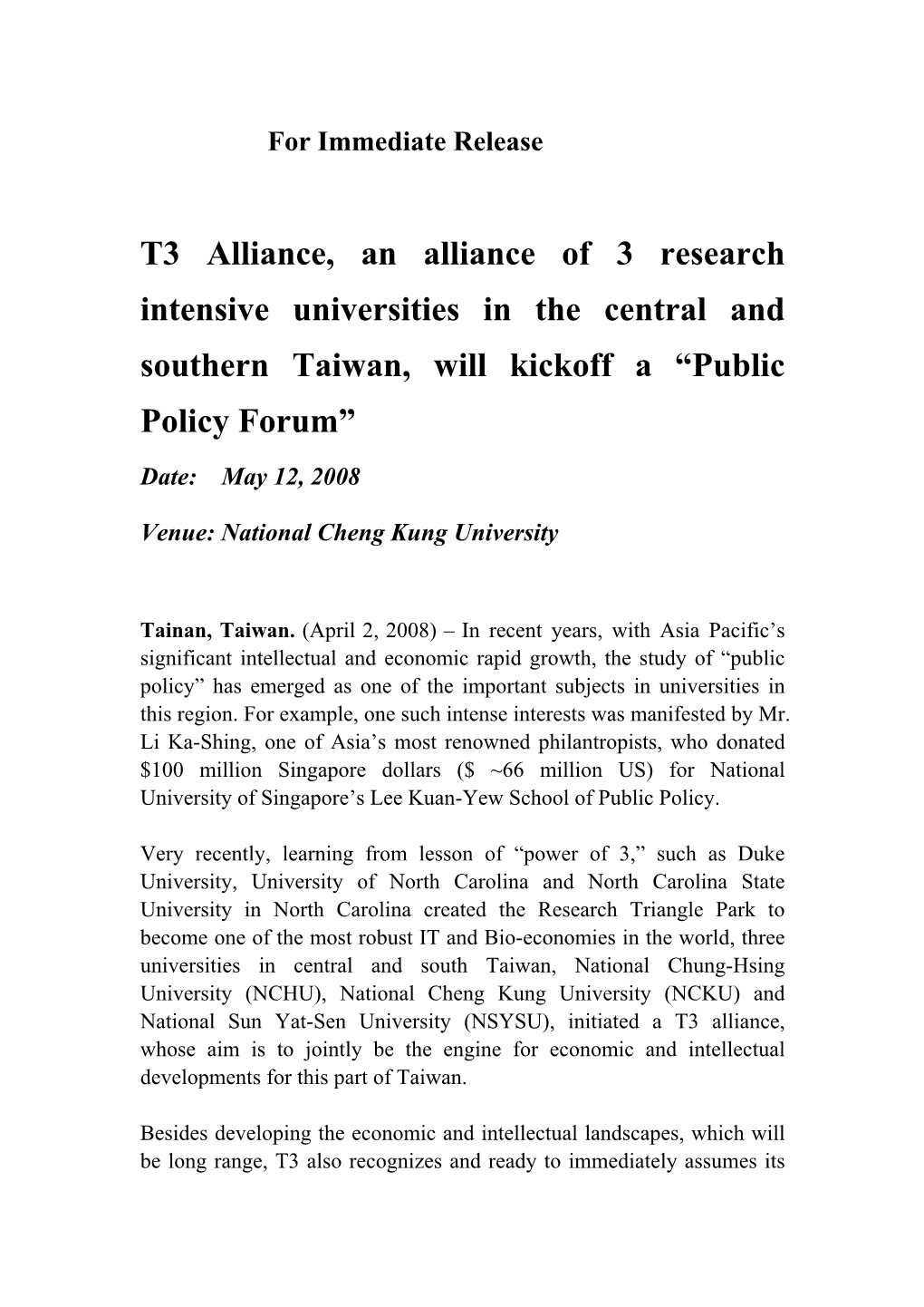 T3 Alliance, an Alliance of 3 Research Intensive Universities in the Central and Southern Taiwan, Will Kickoff a “Public Policy Forum”