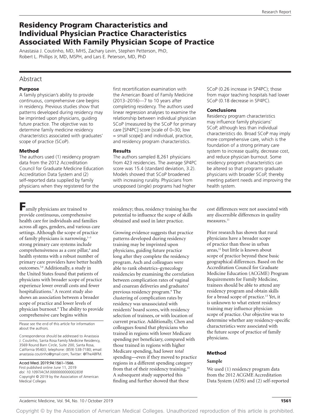 Residency Program Characteristics and Individual Physician Practice Characteristics Associated with Family Physician Scope of Practice Anastasia J