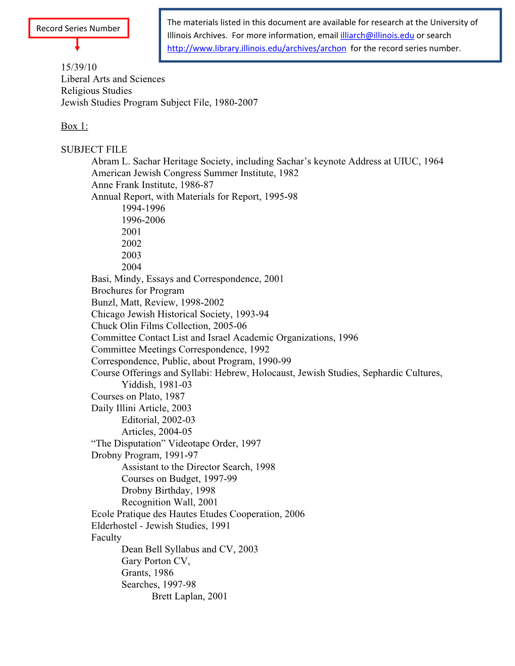 15/39/10 Liberal Arts and Sciences Religious Studies Jewish Studies Program Subject File, 1980-2007