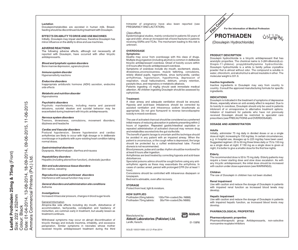 Prothiaden 25Mg & 75Mg (Front) Size: 222 X 252Mm Colour: Black Date: 01-04-2014, 13-08-2014, 18-09-2014, 09-06-2015, 11-06-2015 Ammara Commercial Printers (Pvt.) Ltd