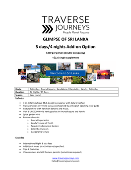 GLIMPSE of SRI LANKA 5 Days/4 Nights Add-On Option $850 Per Person (Double Occupancy) +$225 Single Supplement