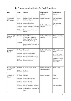 I.- Programme of Activities for English Students