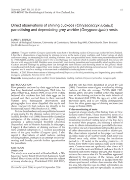 Direct Observations of Shining Cuckoos (Chrysococcyx Lucidus) Parasitising and Depredating Grey Warbler (Gerygone Igata) Nests