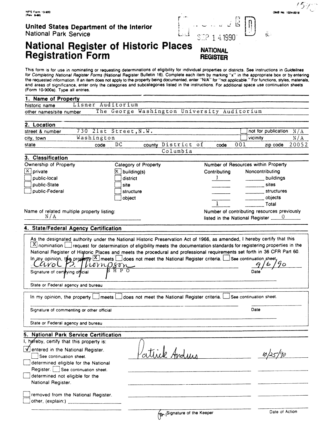 National Register of Historic Places Lisner Auditorium Continuation Sheet Washington, B.C