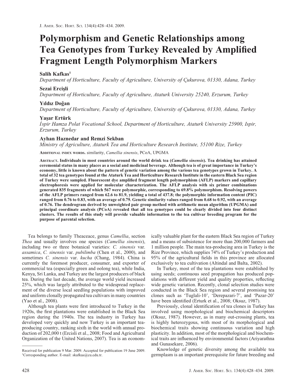 Polymorphism and Genetic Relationships Among Tea Genotypes from Turkey Revealed by Amplified Fragment Length Polymorphism Marker
