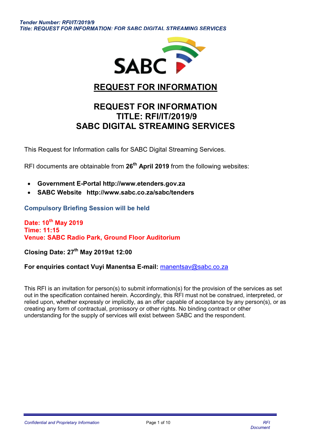Rfi/It/2019/9 Sabc Digital Streaming Services