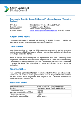 Community Grant to Hinton St George Pre-School Appeal (Executive Decision)