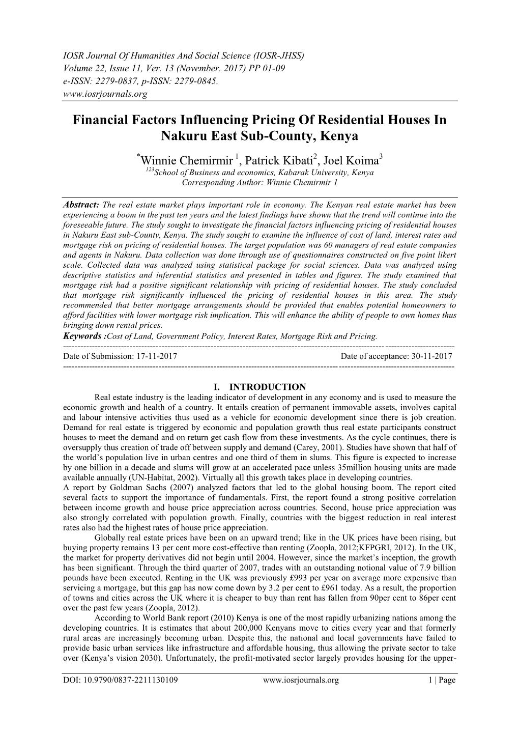 Financial Factors Influencing Pricing of Residential Houses in Nakuru East Sub-County, Kenya