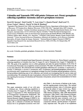 Colombia and Venezuela 1992 Wild Potato (Solanum Sect. Petota) Germplasm Collecting Expedition: Taxonomy and New Germplasm Resources