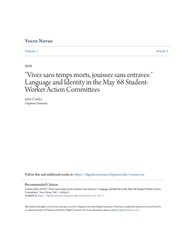 Vivez Sans Temps Morts, Jouissez Sans Entraves:" Language and Identity in the May '68 Student- Worker Action Committees John Cowles Chapman University