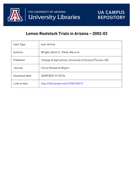 Lemon Rootstock Trials in Arizona – 2002-03