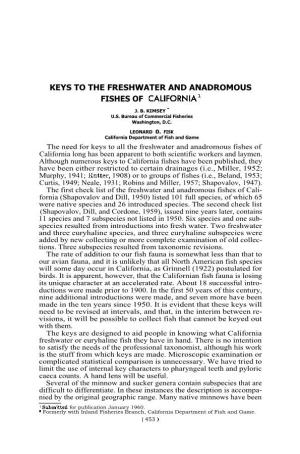 Keys to the Freshwater and Anadromous Fishes of California'
