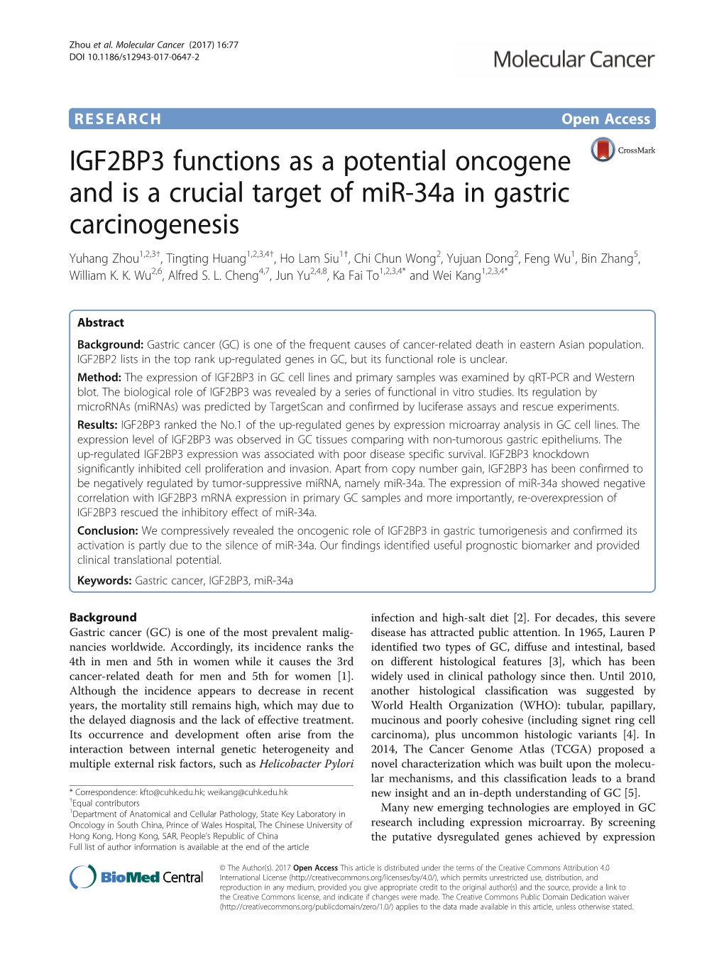 IGF2BP3 Functions As a Potential Oncogene and Is a Crucial Target of Mir-34A in Gastric Carcinogenesis