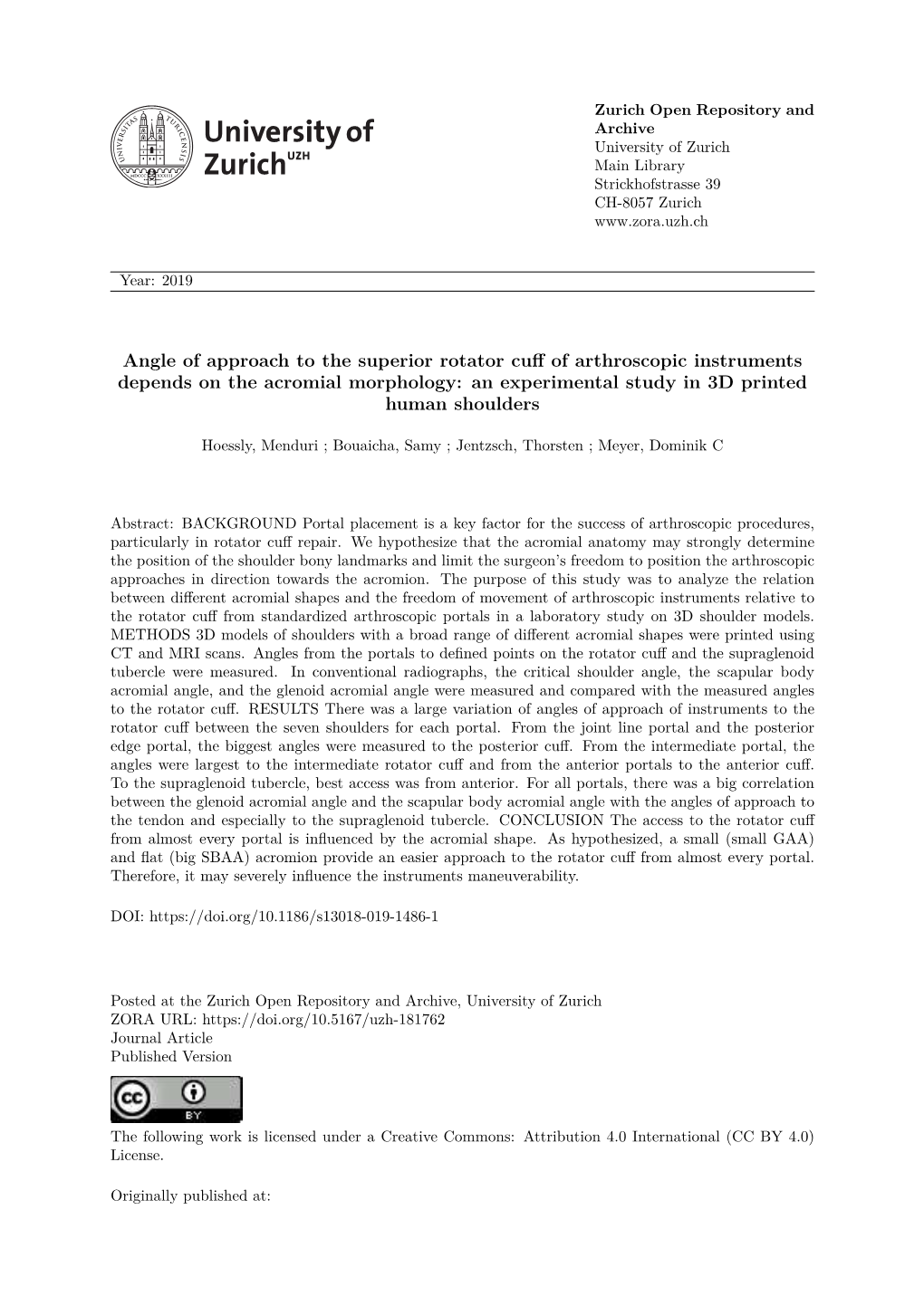 Angle of Approach to the Superior Rotator Cuff of Arthroscopic Instruments Depends on the Acromial Morphology: an Experimental Study in 3D Printed Human Shoulders