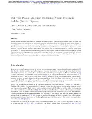 Molecular Evolution of Venom Proteins in Asilidae (Insecta: Diptera)