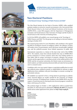 Two Doctoral Positions in the Research Group “Sociology of Public Finances and Debt”