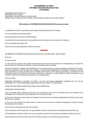 ANSWERED ON:11.08.2005 GUIDELINES for SELECTION of CONTESTANTS Adhalrao Patil Shri Shivaji;Adsul Shri Anandrao Vithoba;Singh Shri Sugrib;Verma Shri Ravi Prakash