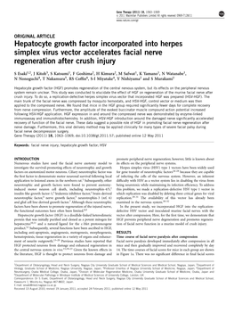 Hepatocyte Growth Factor Incorporated Into Herpes Simplex Virus Vector Accelerates Facial Nerve Regeneration After Crush Injury