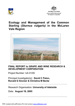 Ecology and Management of the Common Starling (Sturnus Vulgaris) in the Mclaren Vale Region