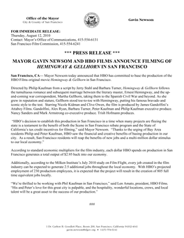 Press Release *** Mayor Gavin Newsom and Hbo Films Announce