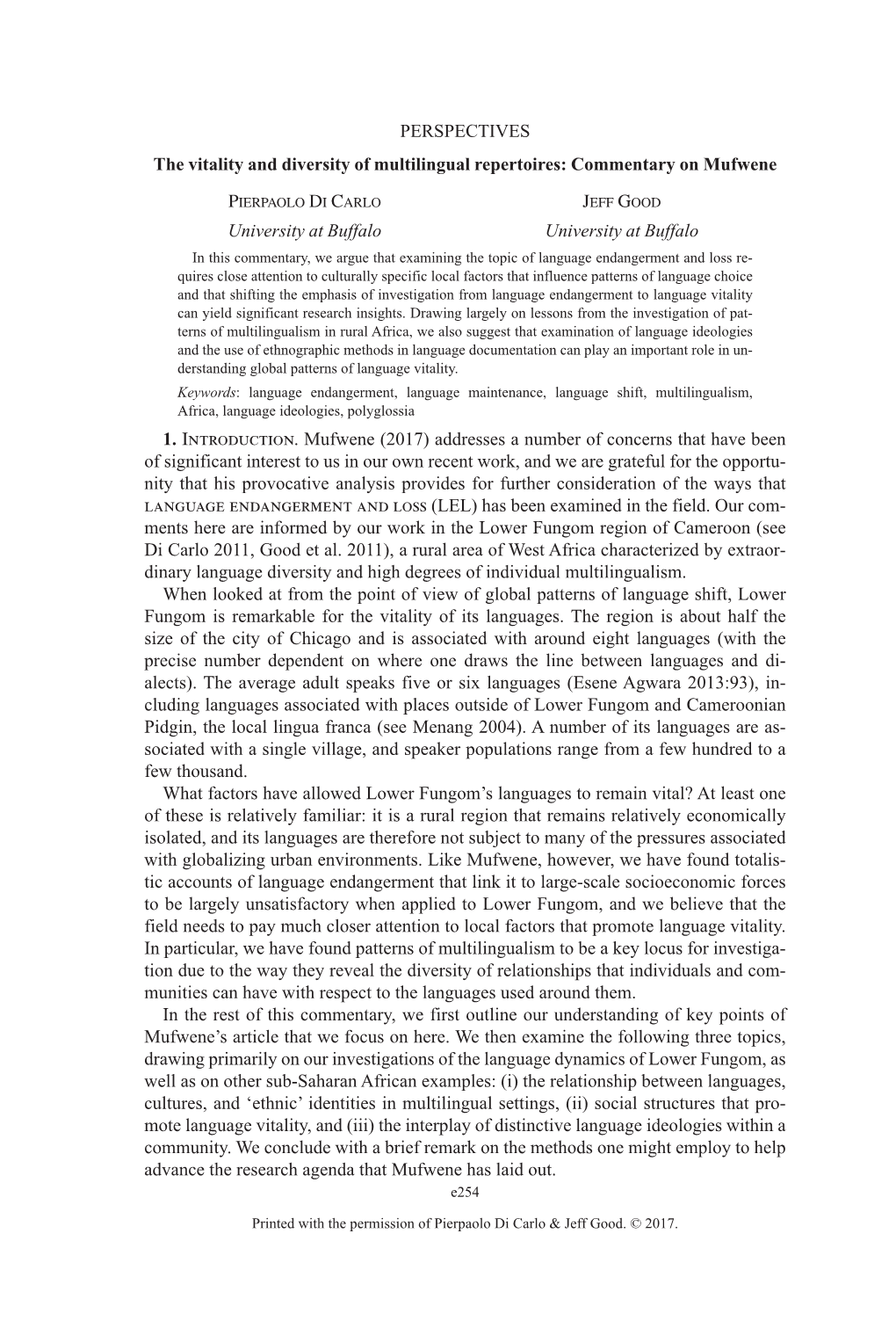 PERSPECTIVES the Vitality and Diversity of Multilingual Repertoires: Commentary on Mufwene PIERPAOLO DI CARLO JEFF GOOD