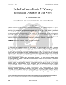 Embedded Journalism in 21St Century: Torsion and Distortion of War News‟